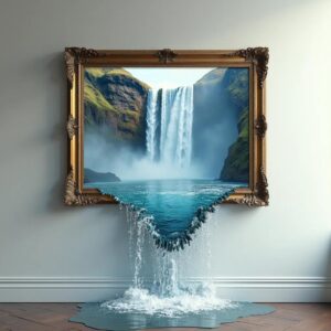 A waterfall pouring out of an ornate gold picture frame onto the floor