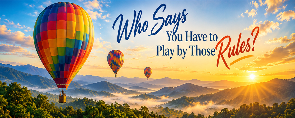 Who Says You Have to Play by Those Rules? header with hot air balloons over misty mountains at sunrise